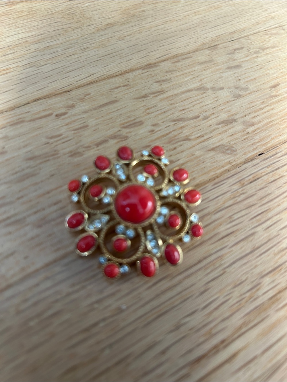 Vintage Banana Republic Gold-Tone Red Cabochon Floral Brooch